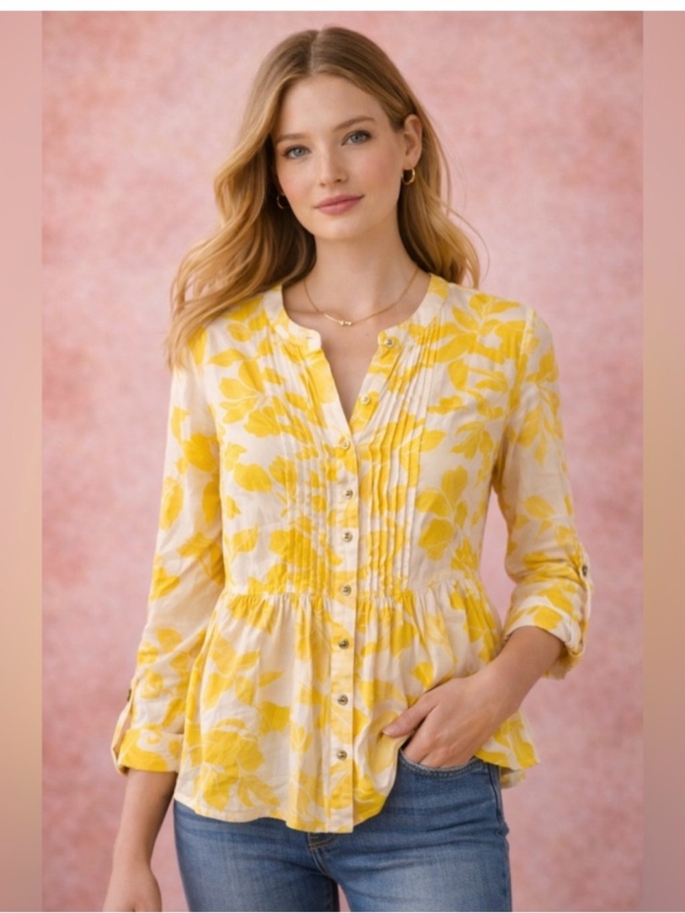 Anthropologie Maeve Yellow Floral Pintuck Button-Front Peplum Top - size 10